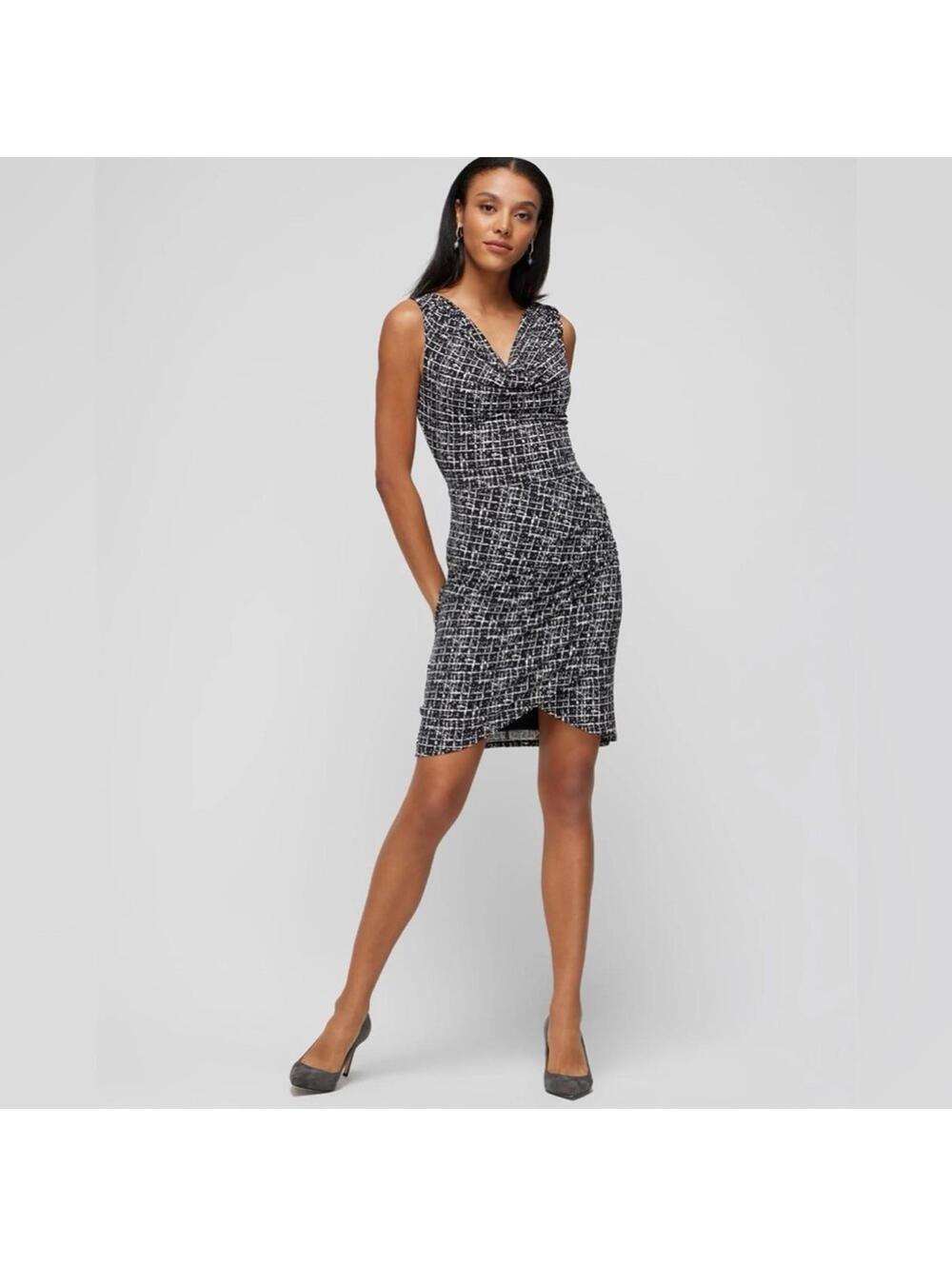 WHBM Sleeveless Black and White Patterned Shirred Dress Size 2